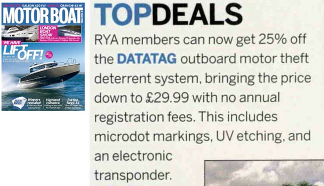 MOTOR BOAT & YACHTING FEATURE ARTICLE ON RYA MEMBERS PROMOTION - DATATAG OUTBOARD MOTOR SYSTEM