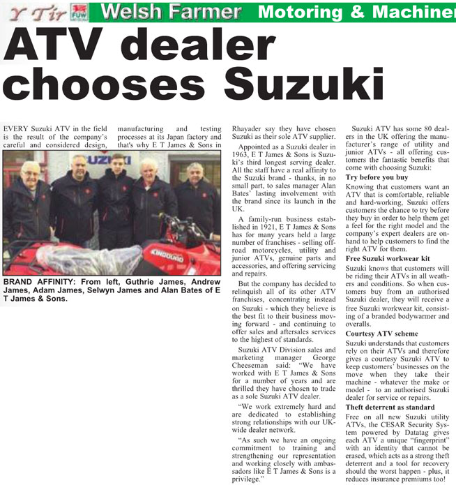 WELSH FARMERS FEATURE ARTICLE ON SUZUKI ATV SECURITY SYSTEM
