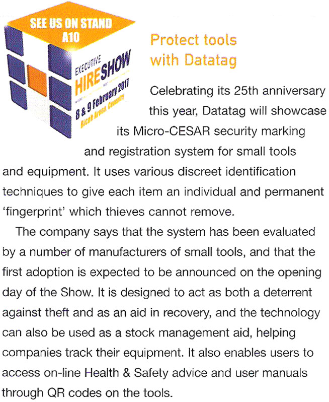 EXECUTIVE HIRE SHOW FEATURE - PROTECT TOOLS WITH DATATAG