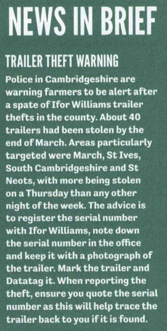 FEATURE ARTICLE BRITISH FARMERS AND GROWERS - TRAILER THEFT WARNING
