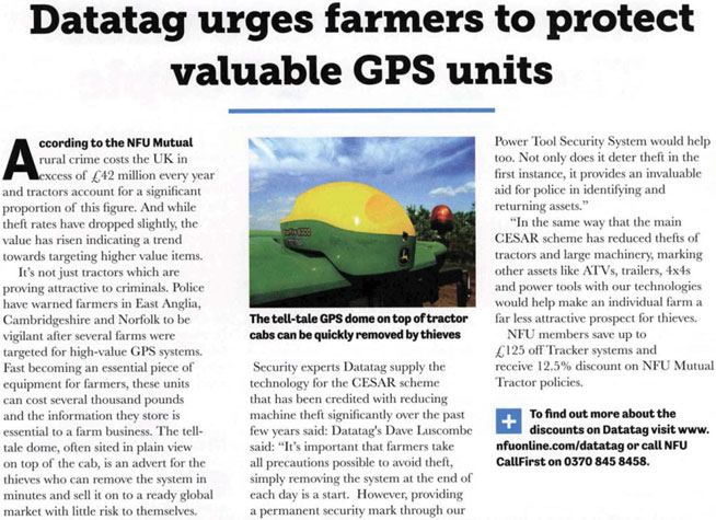 FEATURE ARTICLE BRITISH FARMERS AND GROWERS - DATATAG URGES FARMERS TO PROTECT VALUABLE GPS UNITS