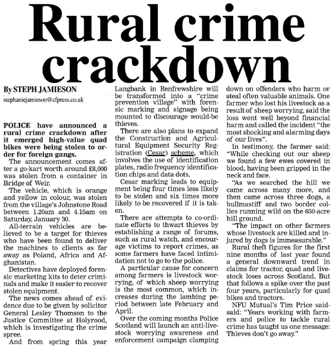 JOHNSTONE RENFREWSHIRE GAZETTE ARTICLE ON RURAL CRIME