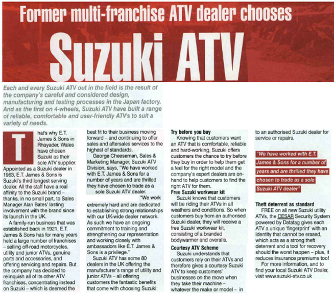 FARMING MONTHLY ARTICLE ON SUZUKI ATV CAMPAIGN