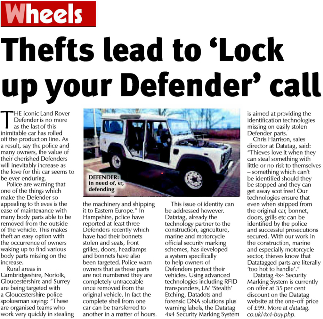 CAMBRIDGE NEWS ARTICLE ON 4x4 DEFENDER THEFT