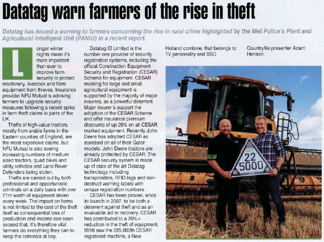 FARMERS WEEKLY NEWS FEATURE - DATATAG WARN FARMERS OF THE RISE IN THEFT