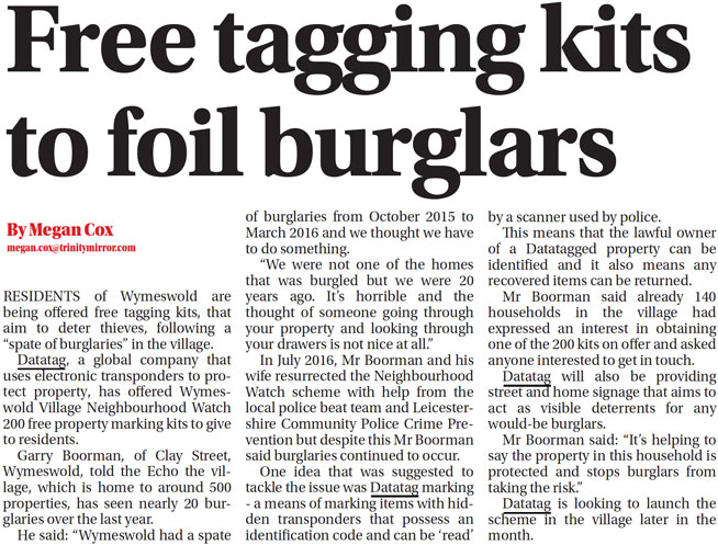 LOUGHBOROUGH ECHO NEWS FEATURE - FREE TAGGING KITS TO FOIL BURGLARS