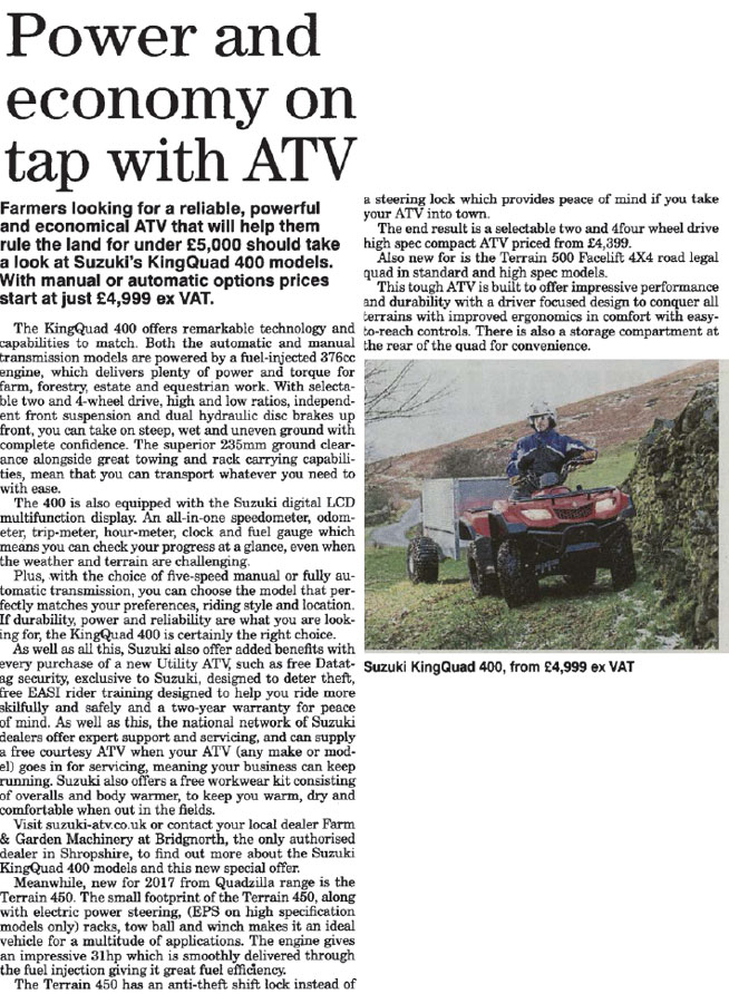 FEATURE ARTICLE THE FARMER - POWER AND ECONOMY ON TAP WITH ATV