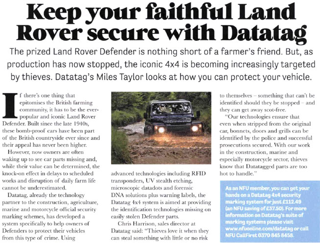 FEATURE ARTICLE BRITISH FARMER & GROWER - KEEP YOUR FAITHFUL LAND ROVER SECURE WITH DATATAG