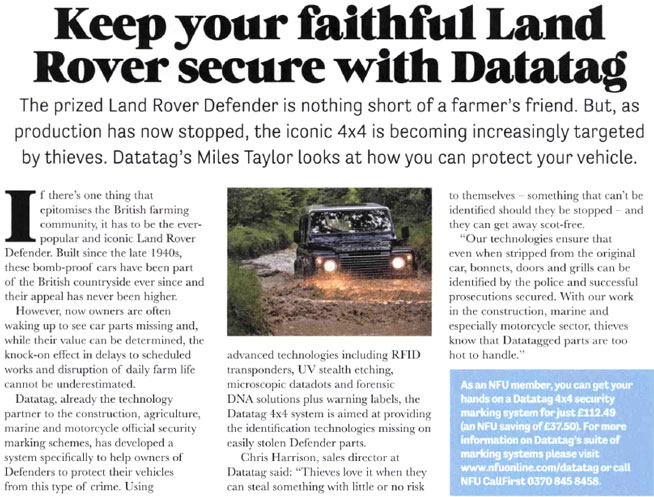 FEATURE ARTICLE BRITISH FARMER & GROWER - KEEP YOUR FAITHFUL LAND ROVER SECURE WITH DATATAG